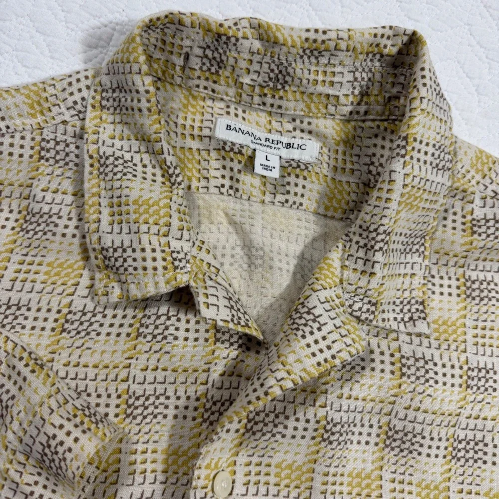 Banana Republic Shirt Mens L Yellow Geometric 100% Linen Short Sleeve Casual EUC